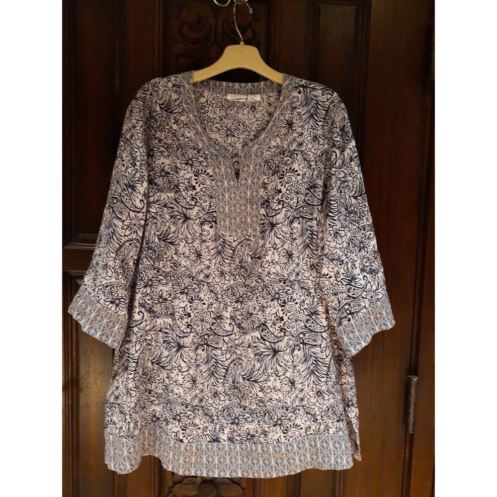 Sigrid Olsen Tunic Top 2x Blue White Floral 100% Linen 3/4 Sleeve Casual Boho